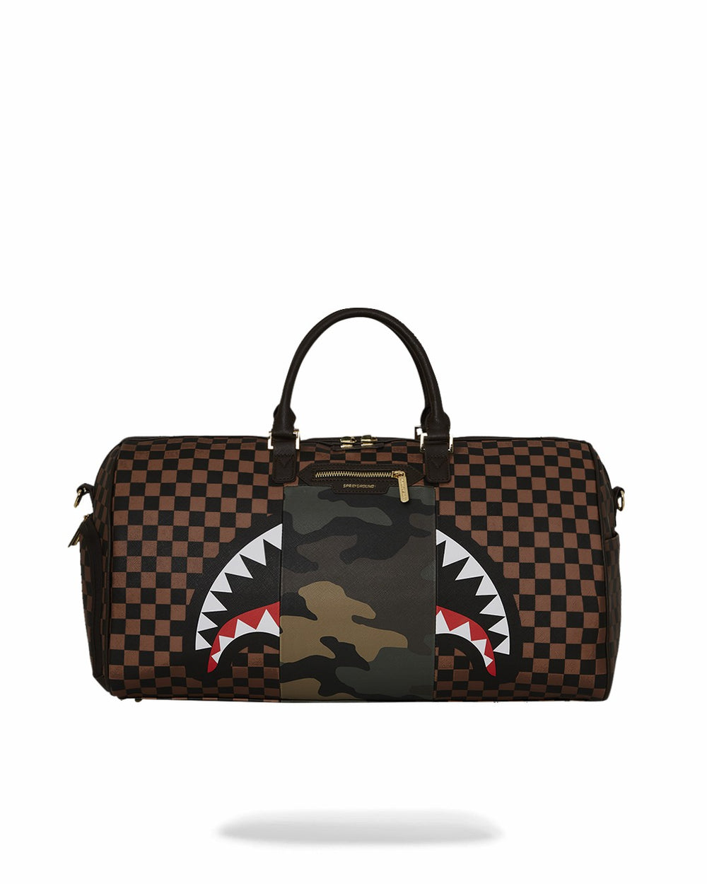 EXTERIOR GOLD ZIP POCKET SHARKS IN PARIS DUFFLE | Sprayground Bargain
