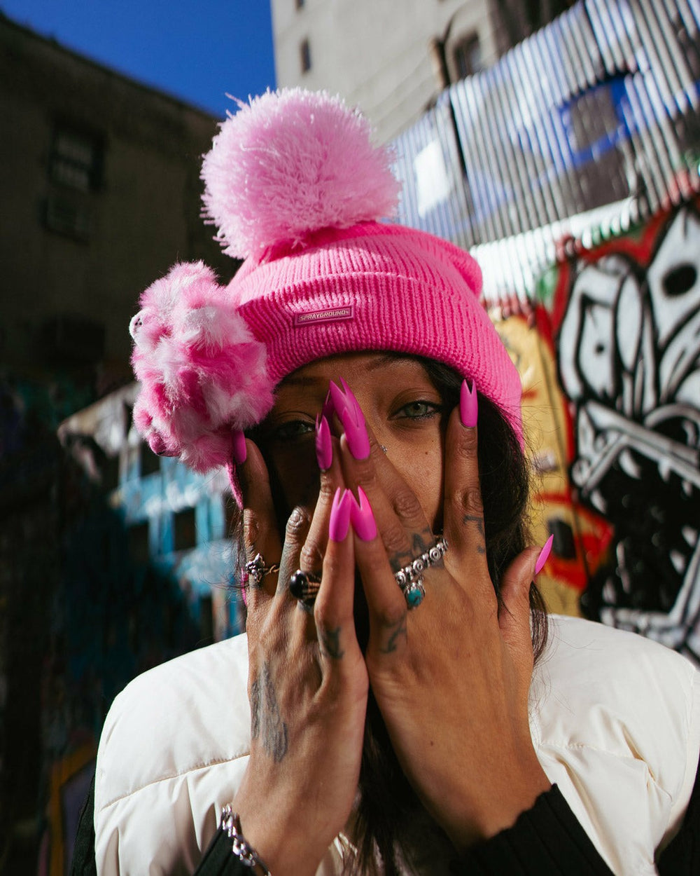 PINK LIL BEAR PUFF BEANIE | Sprayground Savings
