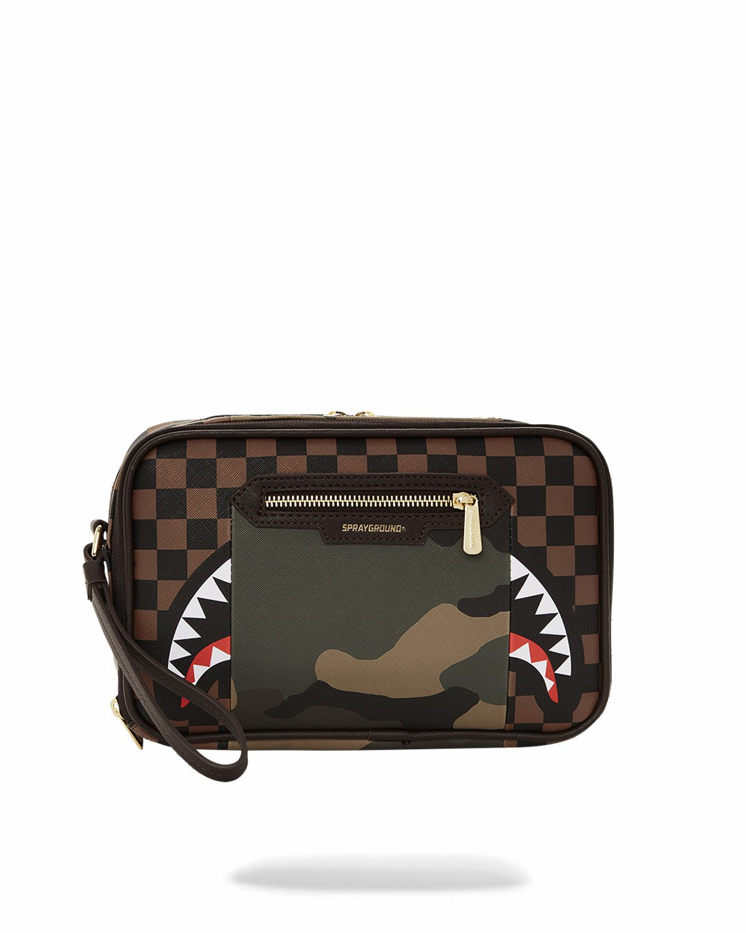 EXTERIOR GOLD ZIP POCKET SHARKS IN PARIS TOILETRY BRICKSIDE BAG | Sprayground Hot Deal