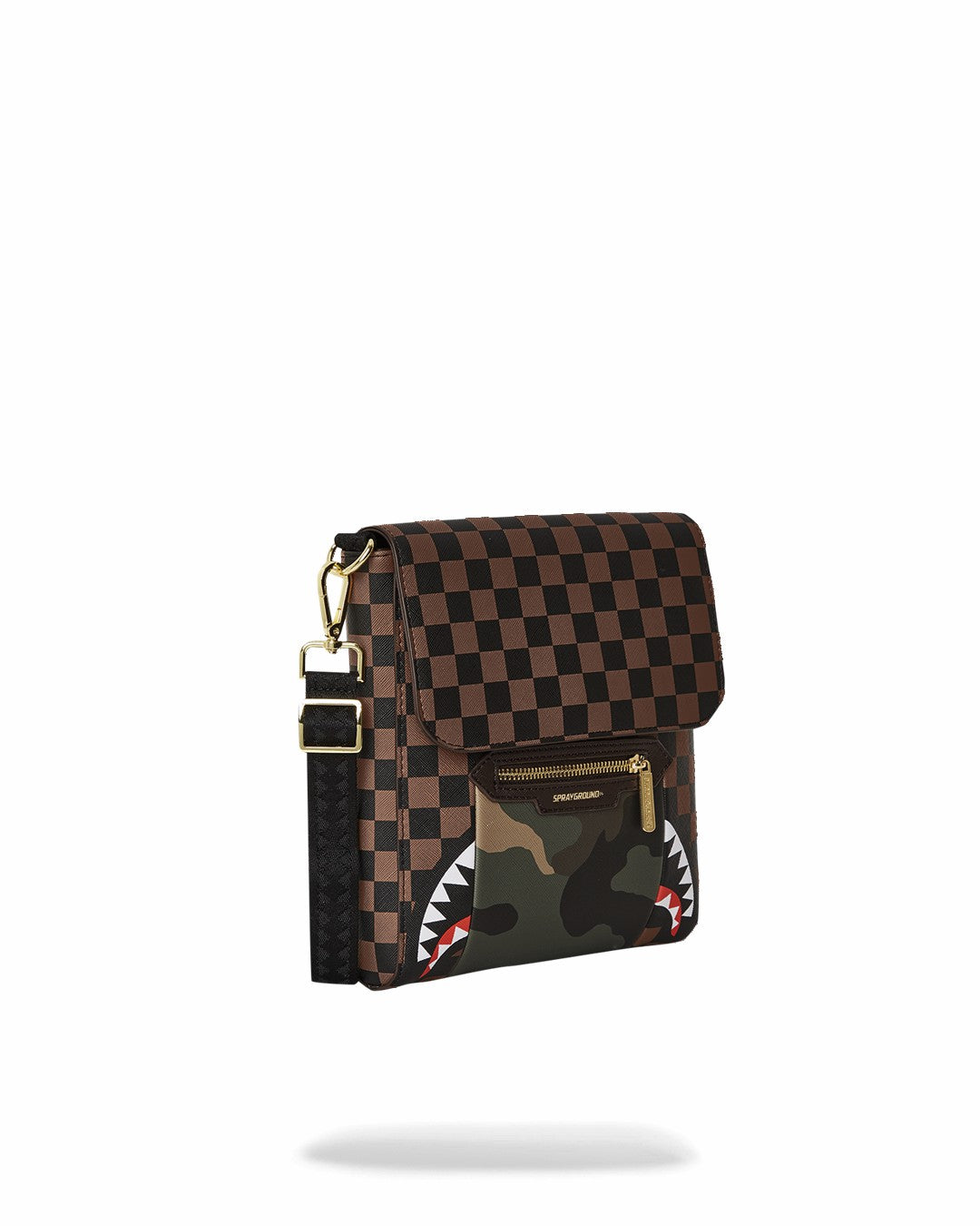 EXTERIOR GOLD ZIP POCKET SHARKS IN PARIS MESSENGER SLING BAG | Sprayground Sale