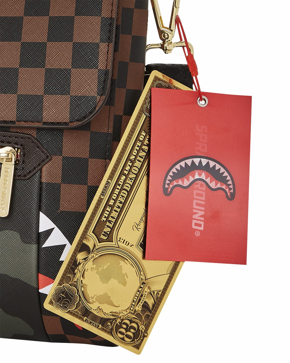 EXTERIOR GOLD ZIP POCKET SHARKS IN PARIS MESSENGER SLING BAG | Sprayground Sale