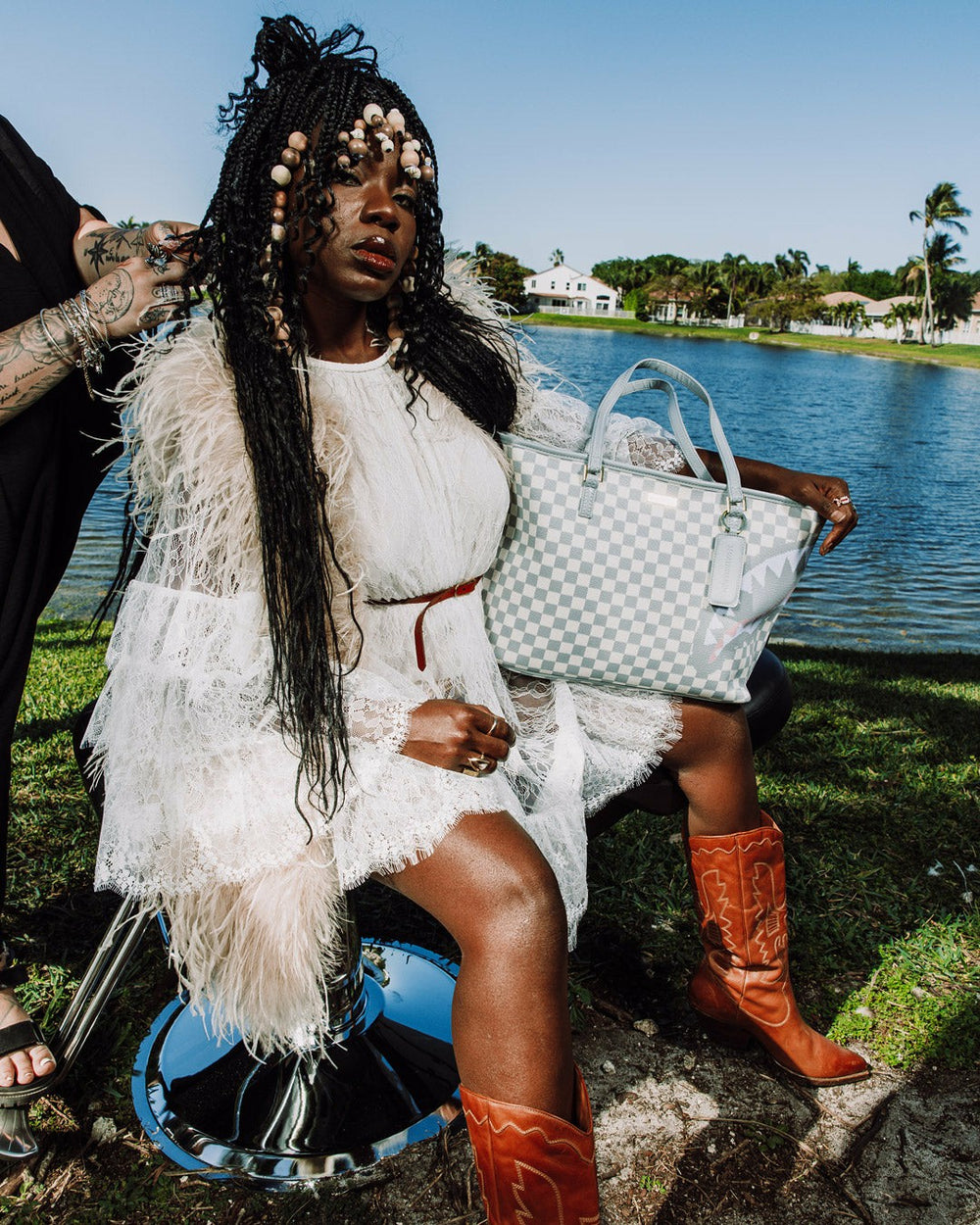 KNIT SHARKS IN PARIS IN CREAM TOTE | Sprayground On Sale