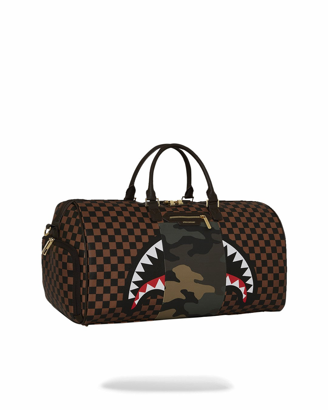 EXTERIOR GOLD ZIP POCKET SHARKS IN PARIS DUFFLE | Sprayground Bargain