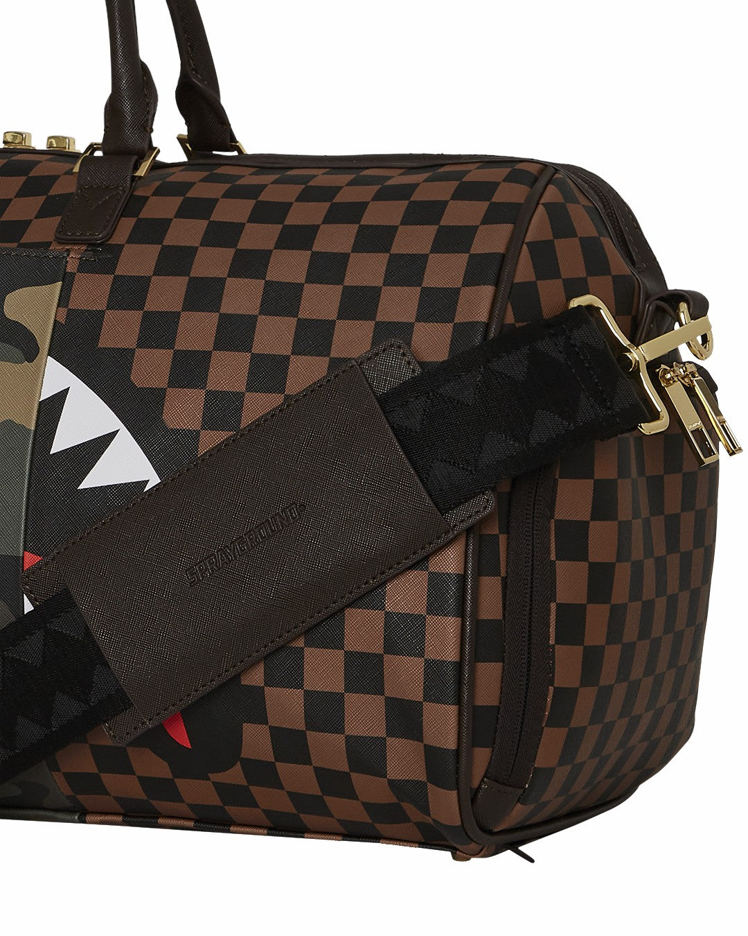 EXTERIOR GOLD ZIP POCKET SHARKS IN PARIS DUFFLE | Sprayground Bargain