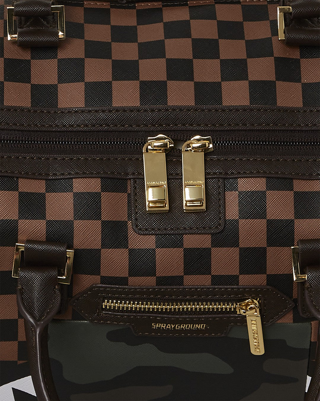 EXTERIOR GOLD ZIP POCKET SHARKS IN PARIS DUFFLE | Sprayground Bargain