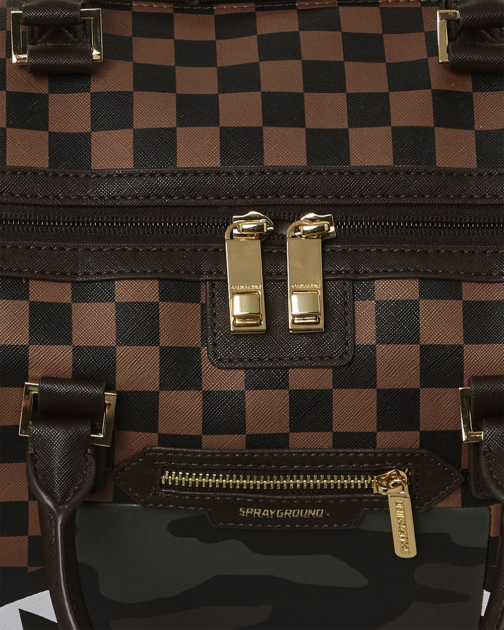 EXTERIOR GOLD ZIP POCKET SHARKS IN PARIS DUFFLE | Sprayground Bargain
