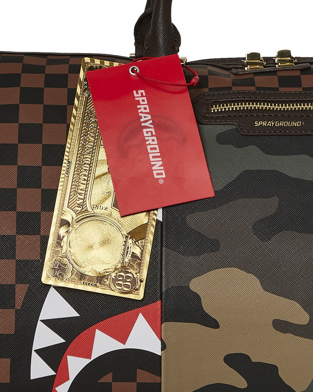 EXTERIOR GOLD ZIP POCKET SHARKS IN PARIS DUFFLE | Sprayground Bargain
