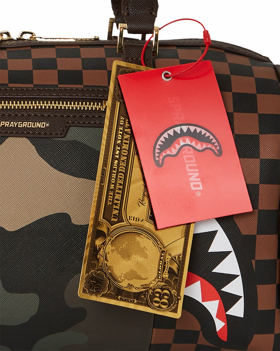 EXTERIOR GOLD ZIP POCKET SHARKS IN PARIS MINI DUFFLE | Sprayground Savings