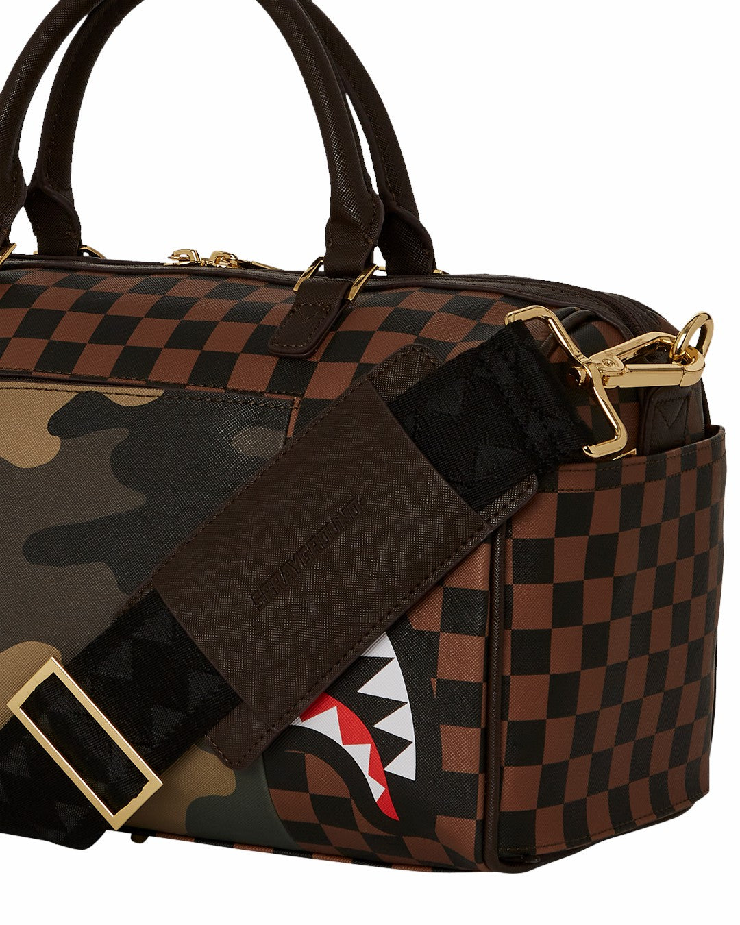 EXTERIOR GOLD ZIP POCKET SHARKS IN PARIS MINI DUFFLE | Sprayground Savings