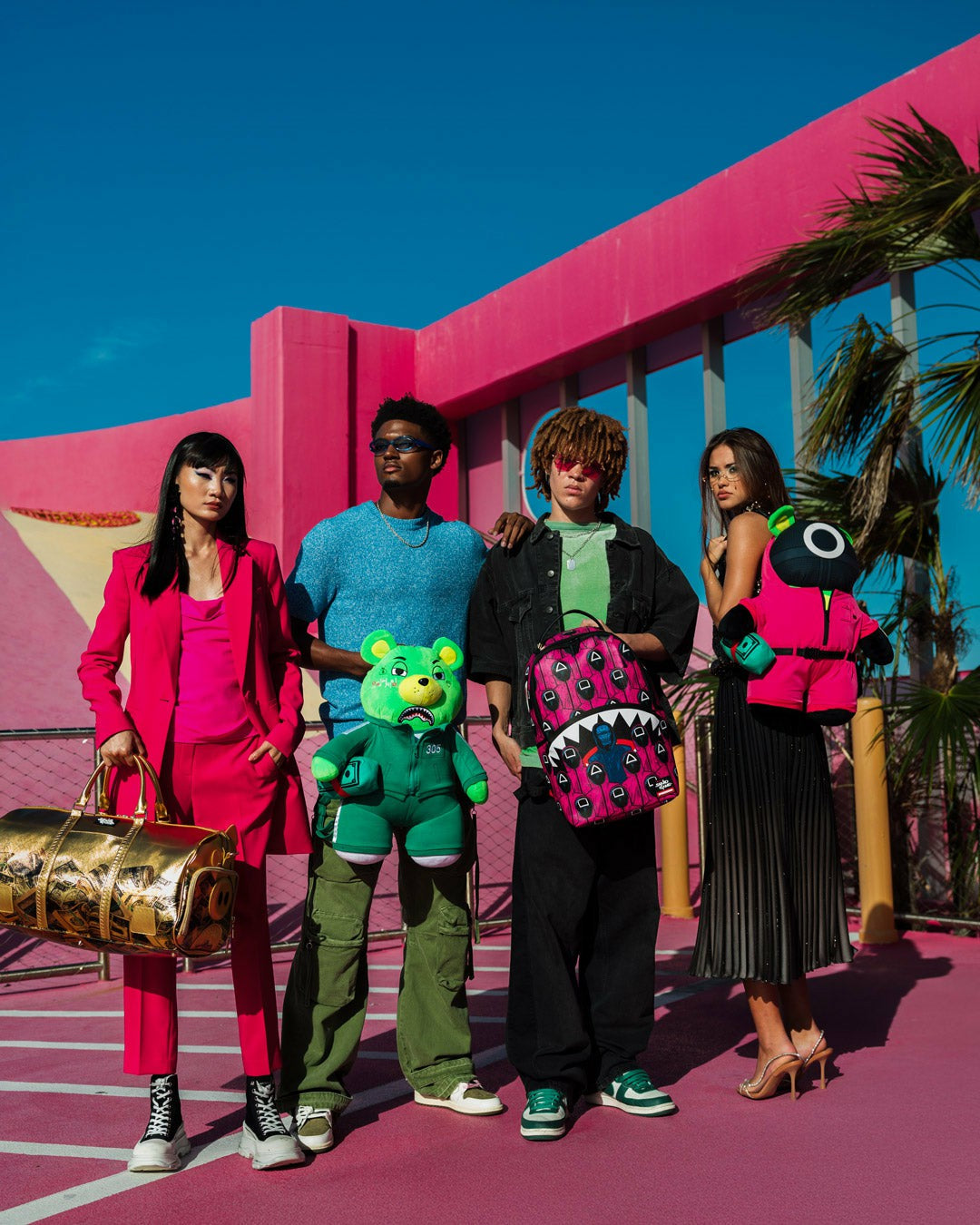 SQUID GAME COLLAB FRONT MAN & PINK GUARD SHARKS BACKPACK | Sprayground On Sale