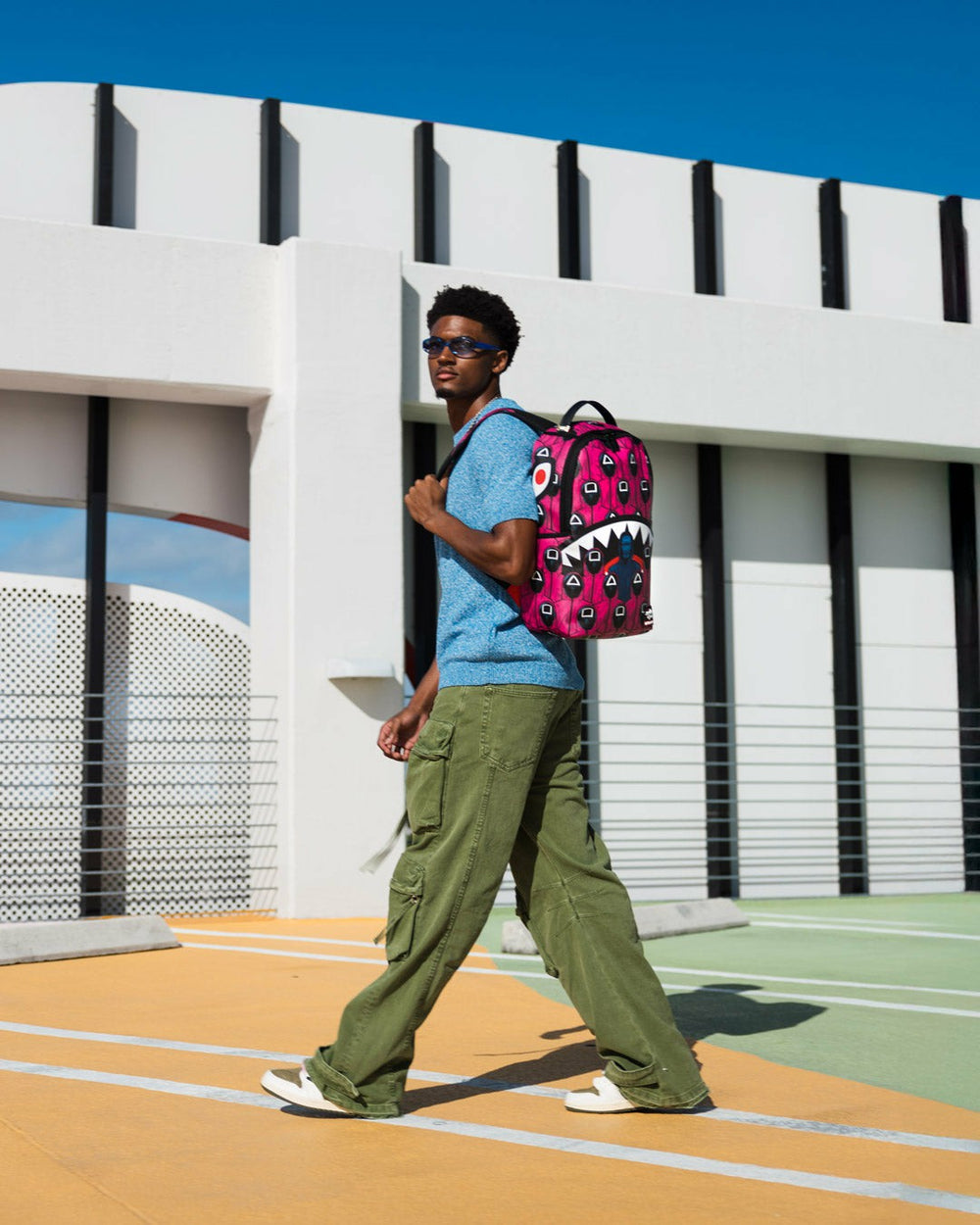SQUID GAME COLLAB FRONT MAN & PINK GUARD SHARKS BACKPACK | Sprayground On Sale