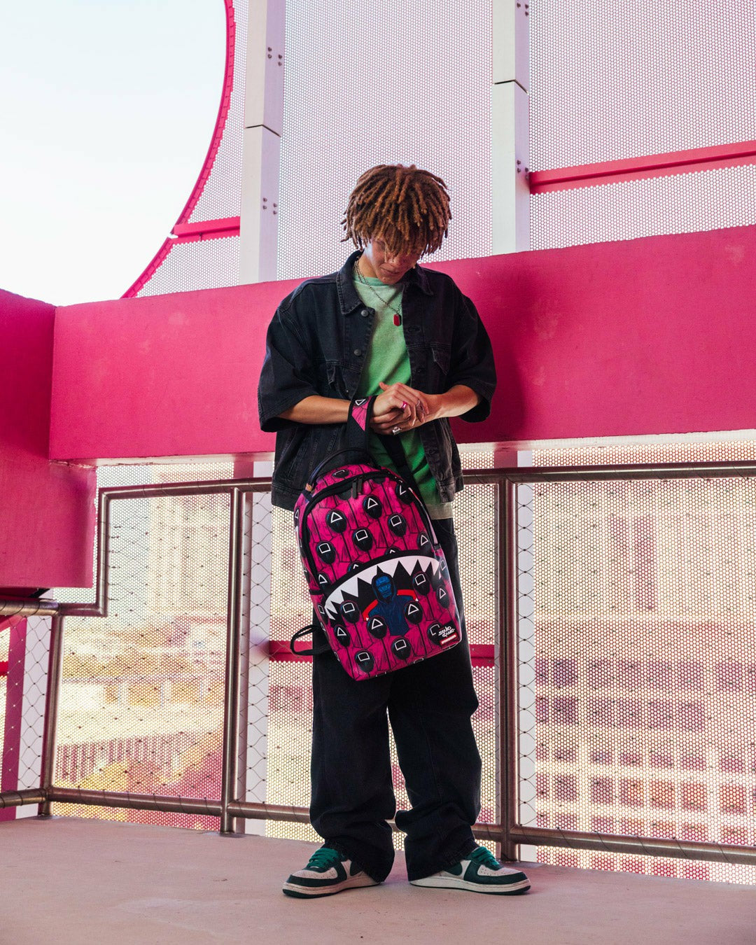SQUID GAME COLLAB FRONT MAN & PINK GUARD SHARKS BACKPACK | Sprayground On Sale